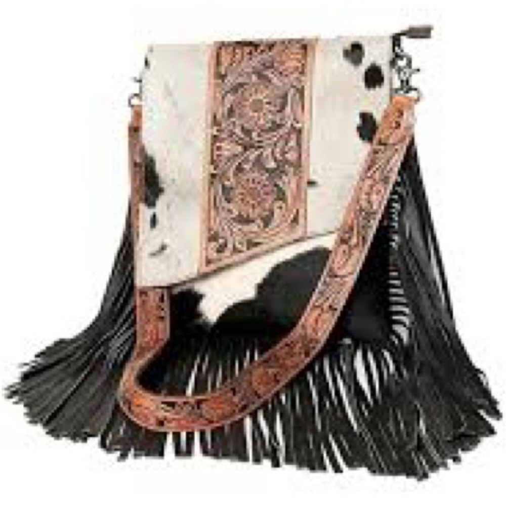 American Darling Black and White Fringe Crossbody with Tooled Tan Strap